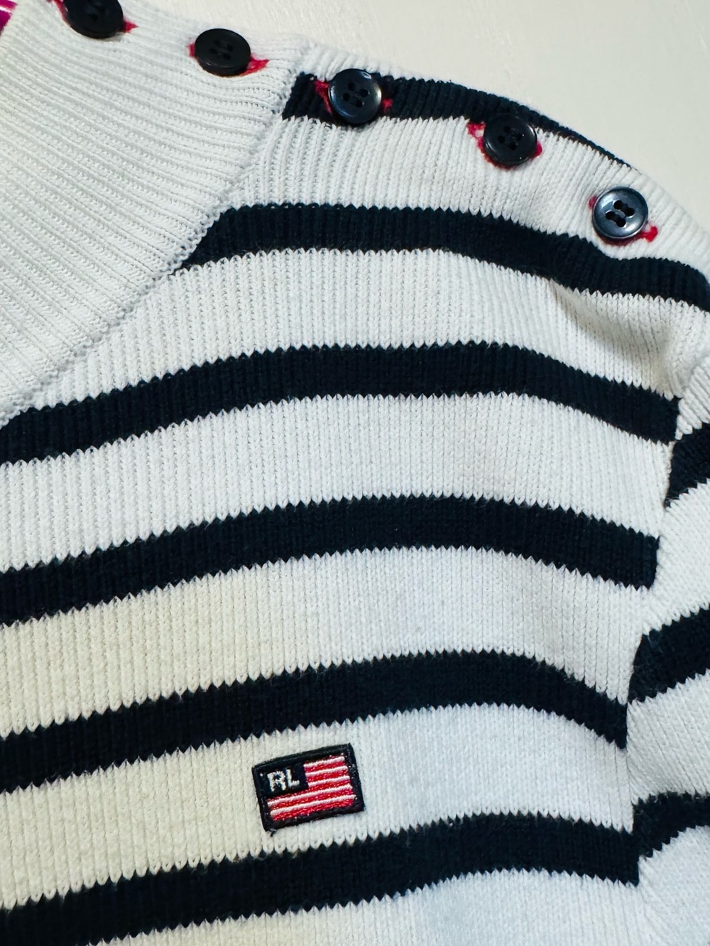 Ralph Lauren Women’s Navy & White Striped Button-Shoulder Crewneck